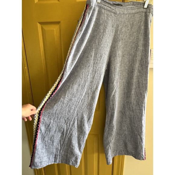 For Cynthia Ric Rac trimmer chambray wide leg pants boho coastal beachy linen L - Picture 7 of 7
